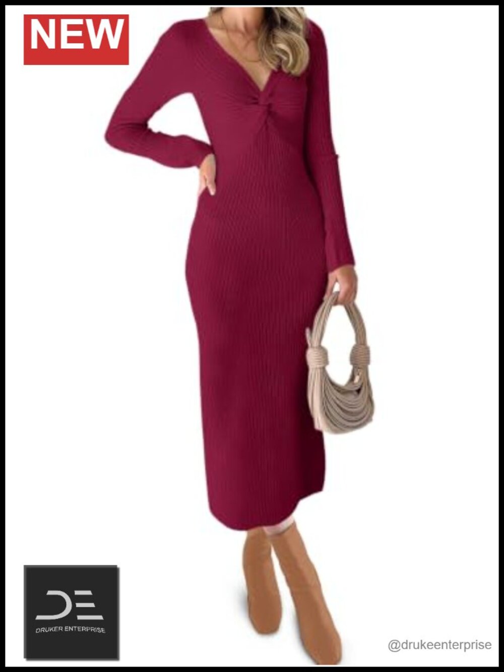 Womens Sweater Maxi Dress Front Knot V Neck Bodycon Midi